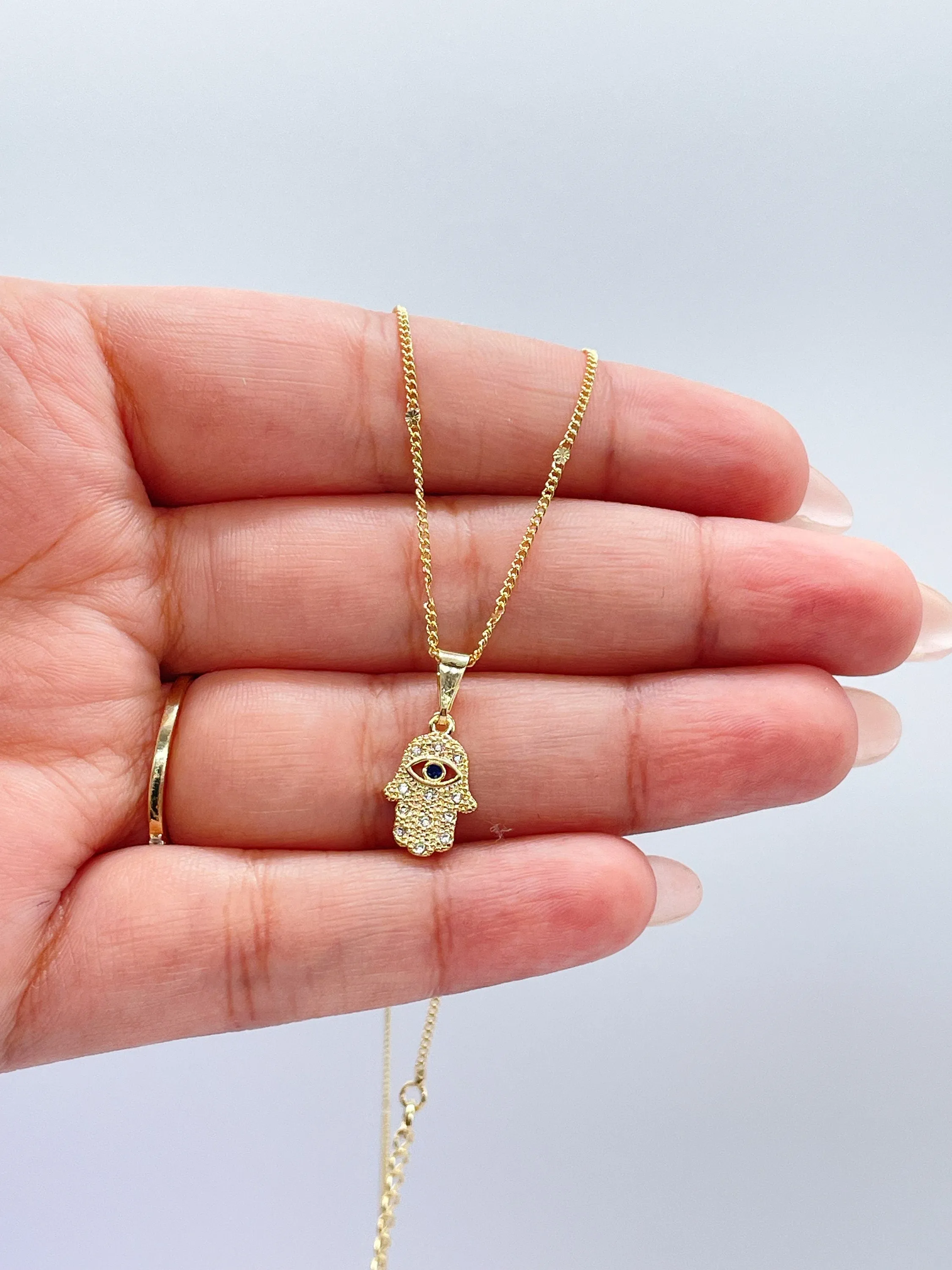 18k Gold Filled Mini Hamsa Hand Pendant With Dark Royal Blue Eye With Individual Textured CZ Stones
