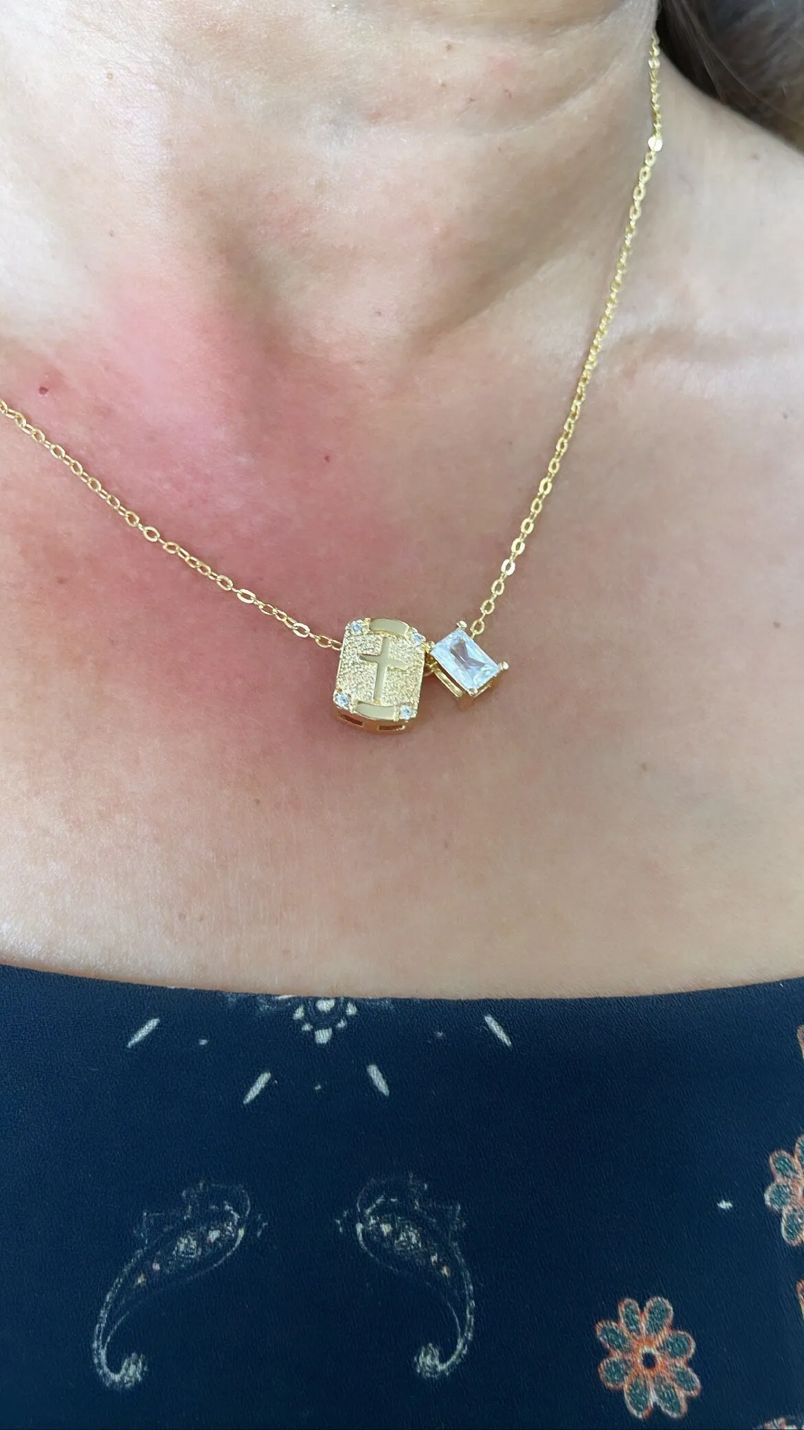 18k Gold Filled non-closure Rosary Necklace with Baguette cut stone charm