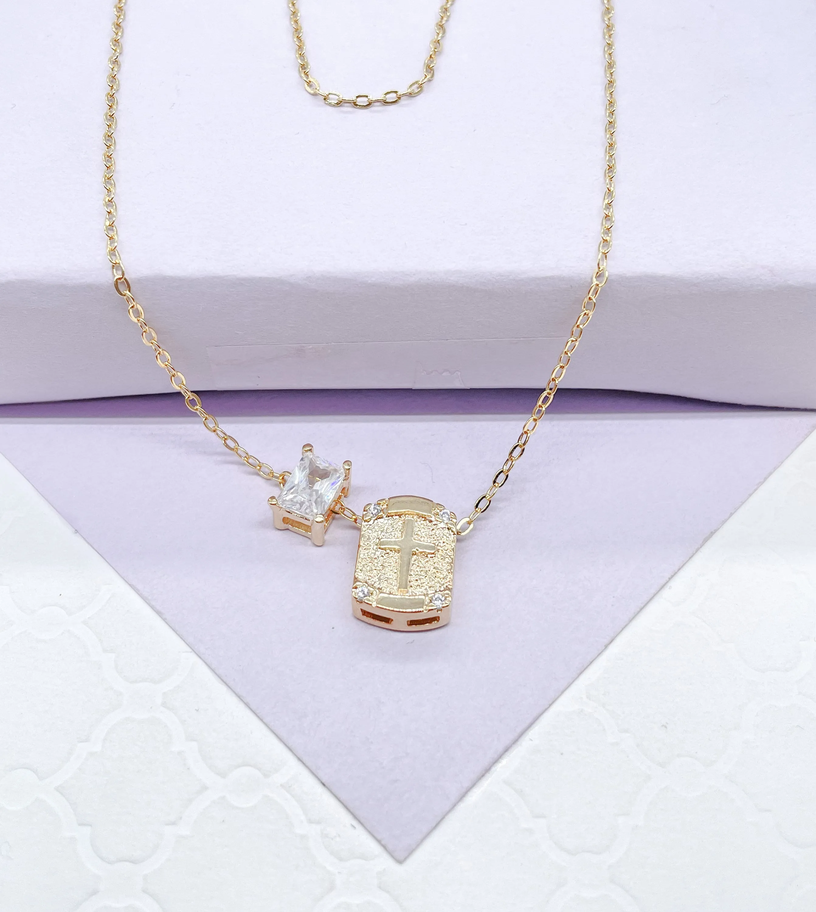 18k Gold Filled non-closure Rosary Necklace with Baguette cut stone charm