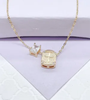 18k Gold Filled non-closure Rosary Necklace with Baguette cut stone charm