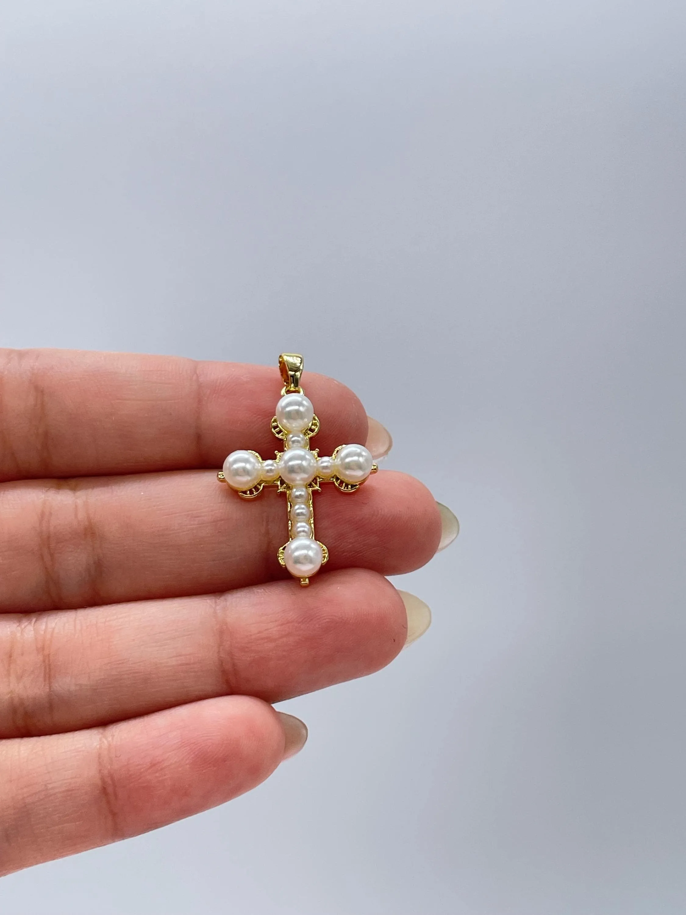 18k Gold Filled Pearl Style Cross Pendant with gold embellishments