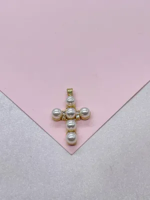 18k Gold Filled Pearl Style Cross Pendant with gold embellishments