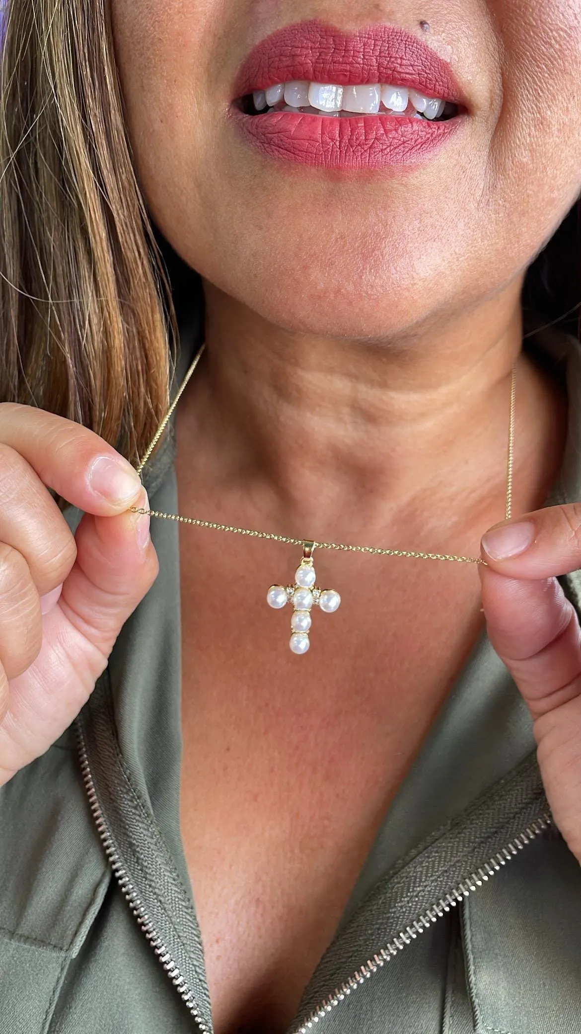 18k Gold Filled Pearl Style Cross Pendant with gold embellishments