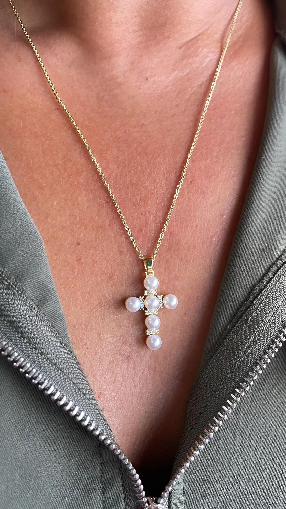 18k Gold Filled Pearl Style Cross Pendant with gold embellishments