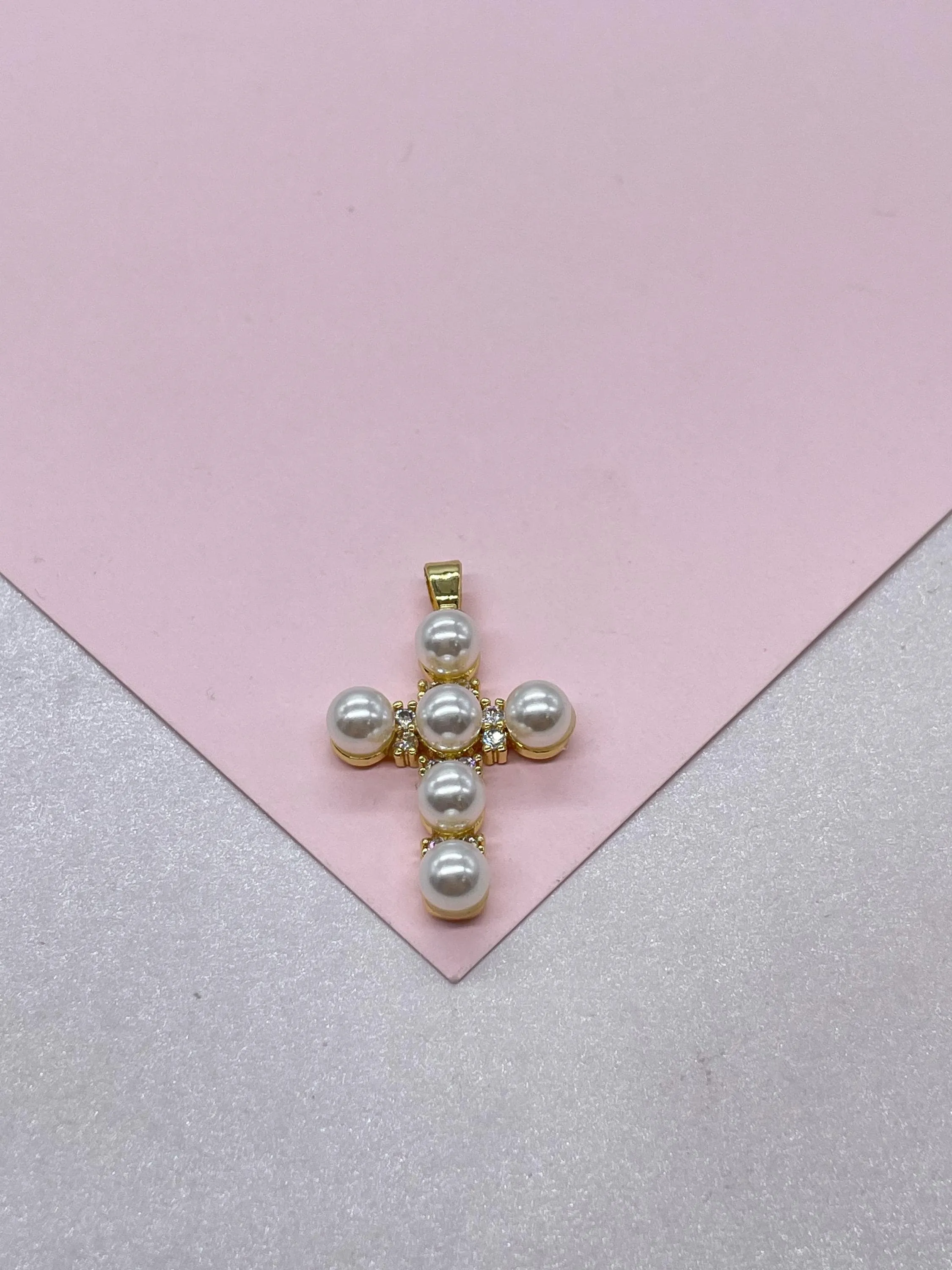 18k Gold Filled Pearl Style Cross Pendant with gold embellishments