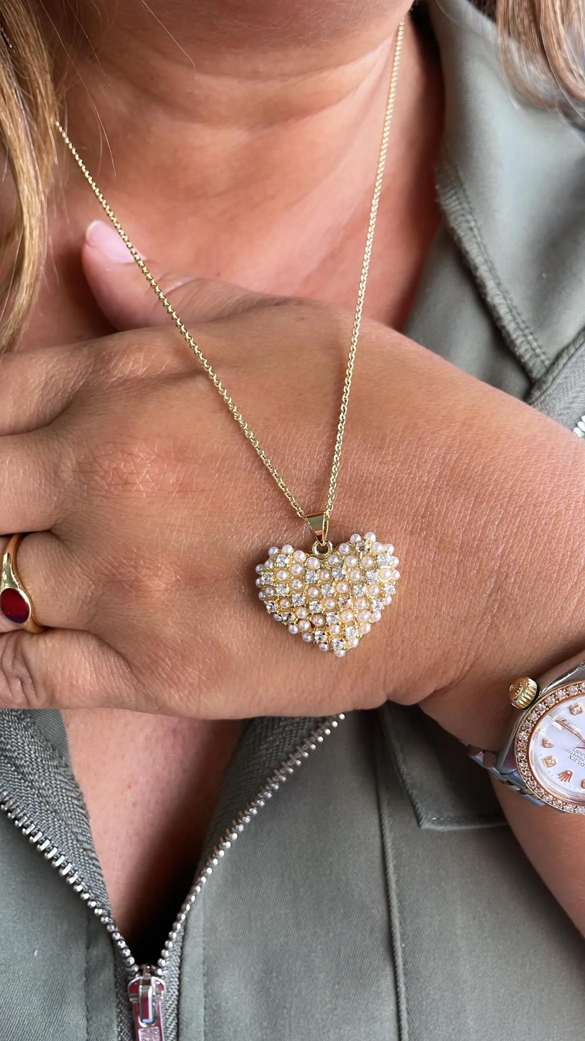 18k Gold Filled Puffy Heart Crowned with Pearl Beads