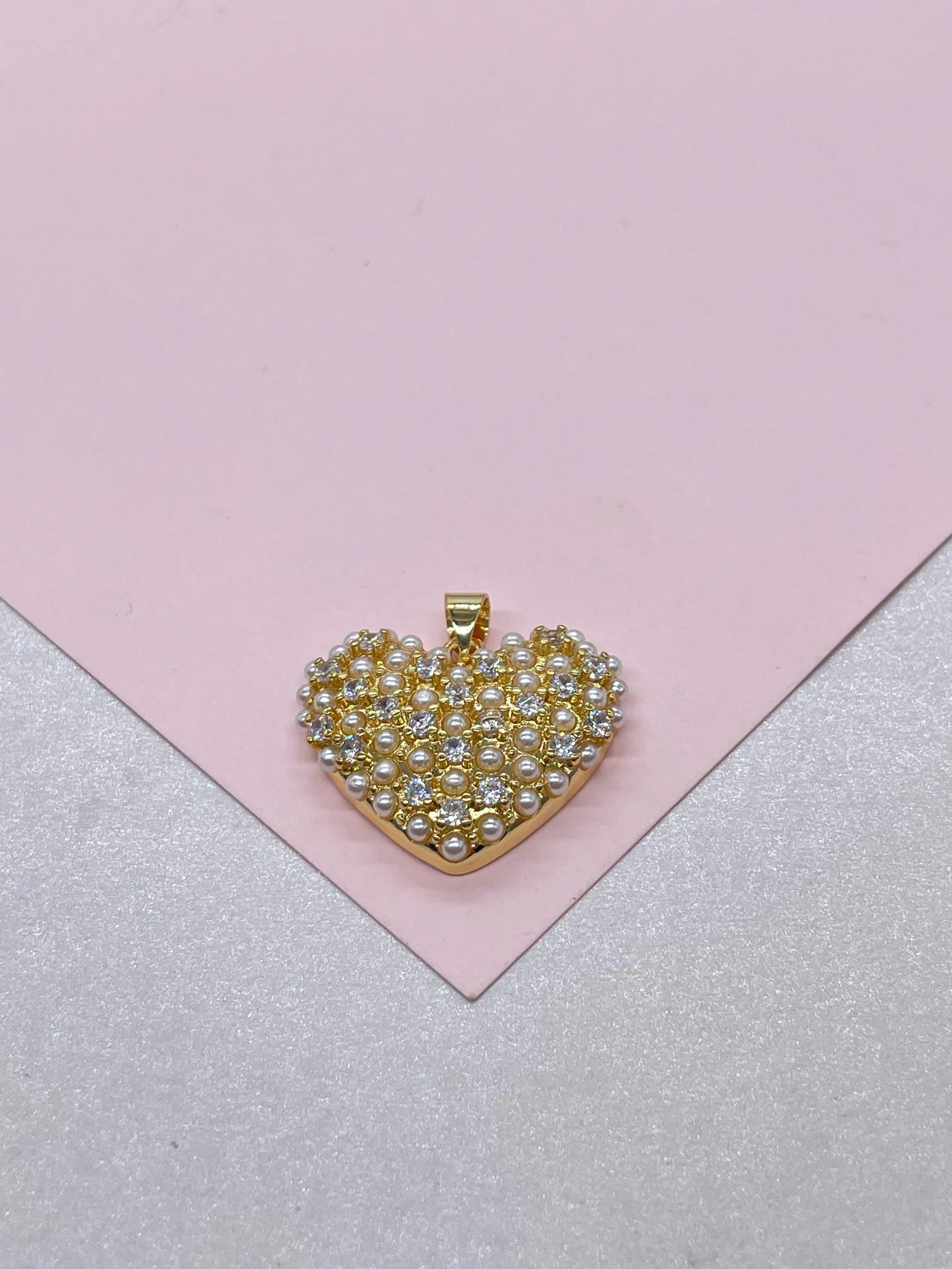 18k Gold Filled Puffy Heart Crowned with Pearl Beads