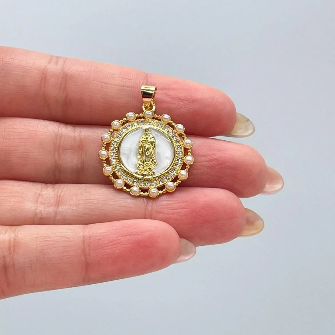 18k Gold Filled Round Virgin Mary Medallion Pendant Crowned with CZ and Round Rice Pearls, Medallion Necklace, Guadalupe Charm
