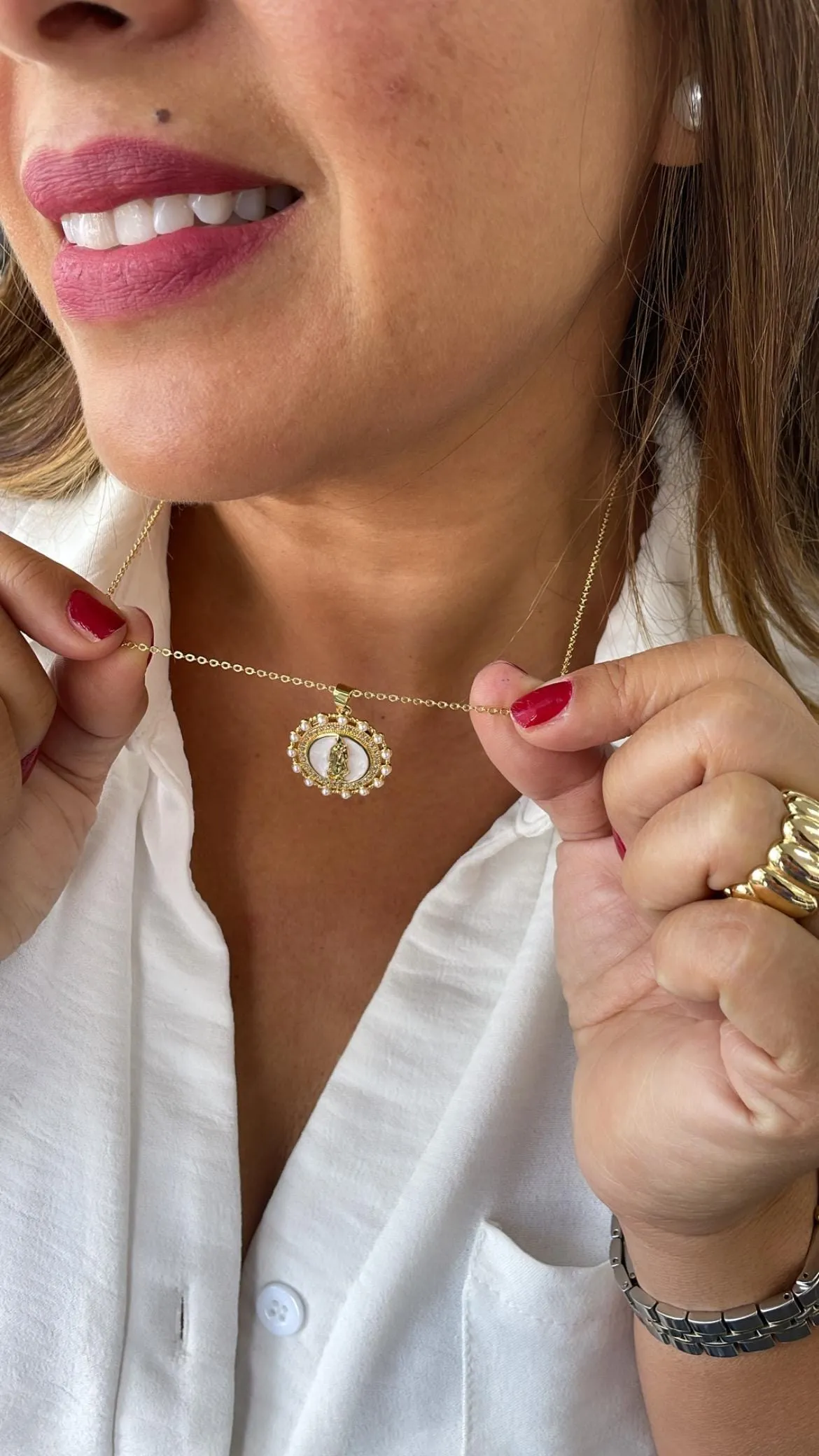 18k Gold Filled Round Virgin Mary Medallion Pendant Crowned with CZ and Round Rice Pearls, Medallion Necklace, Guadalupe Charm