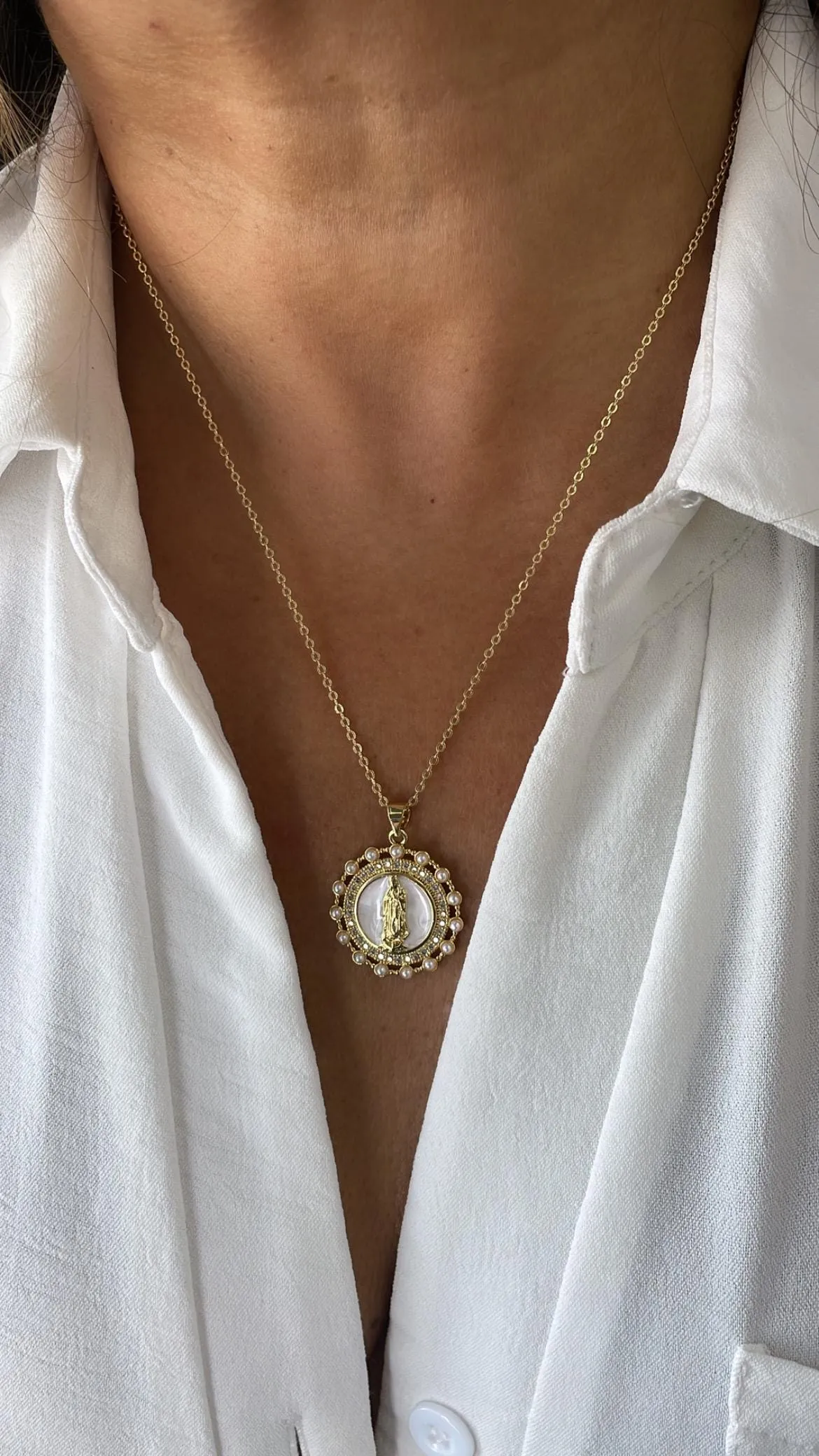 18k Gold Filled Round Virgin Mary Medallion Pendant Crowned with CZ and Round Rice Pearls, Medallion Necklace, Guadalupe Charm
