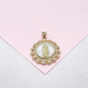 18k Gold Filled Round Virgin Mary Medallion Pendant Crowned with CZ and Round Rice Pearls, Medallion Necklace, Guadalupe Charm