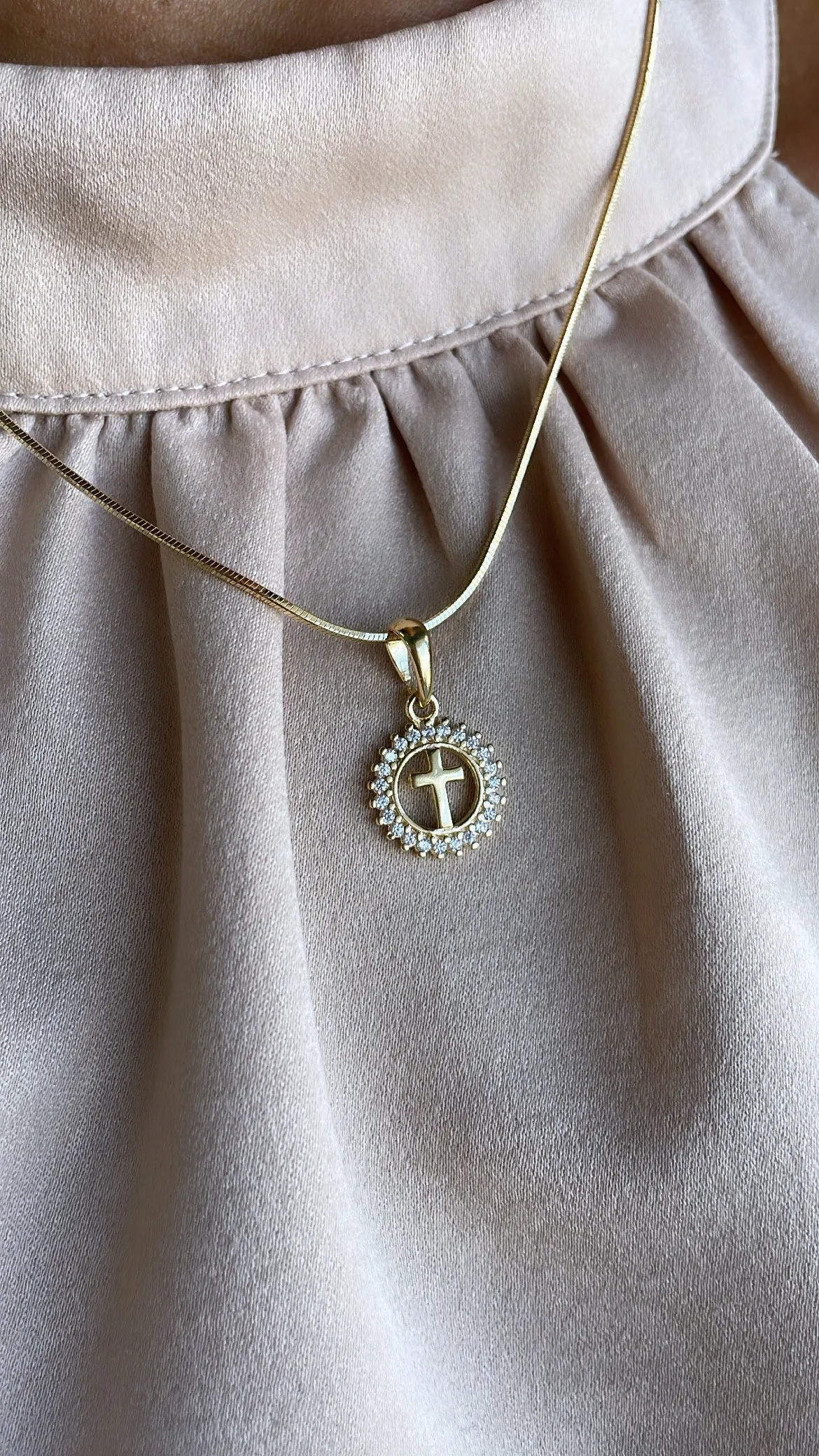 18k Gold Filled See Through Mini Dainty Pendant Cross or Heart Crowned with Beveled Round CZ Stones
