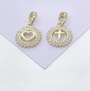18k Gold Filled See Through Mini Dainty Pendant Cross or Heart Crowned with Beveled Round CZ Stones