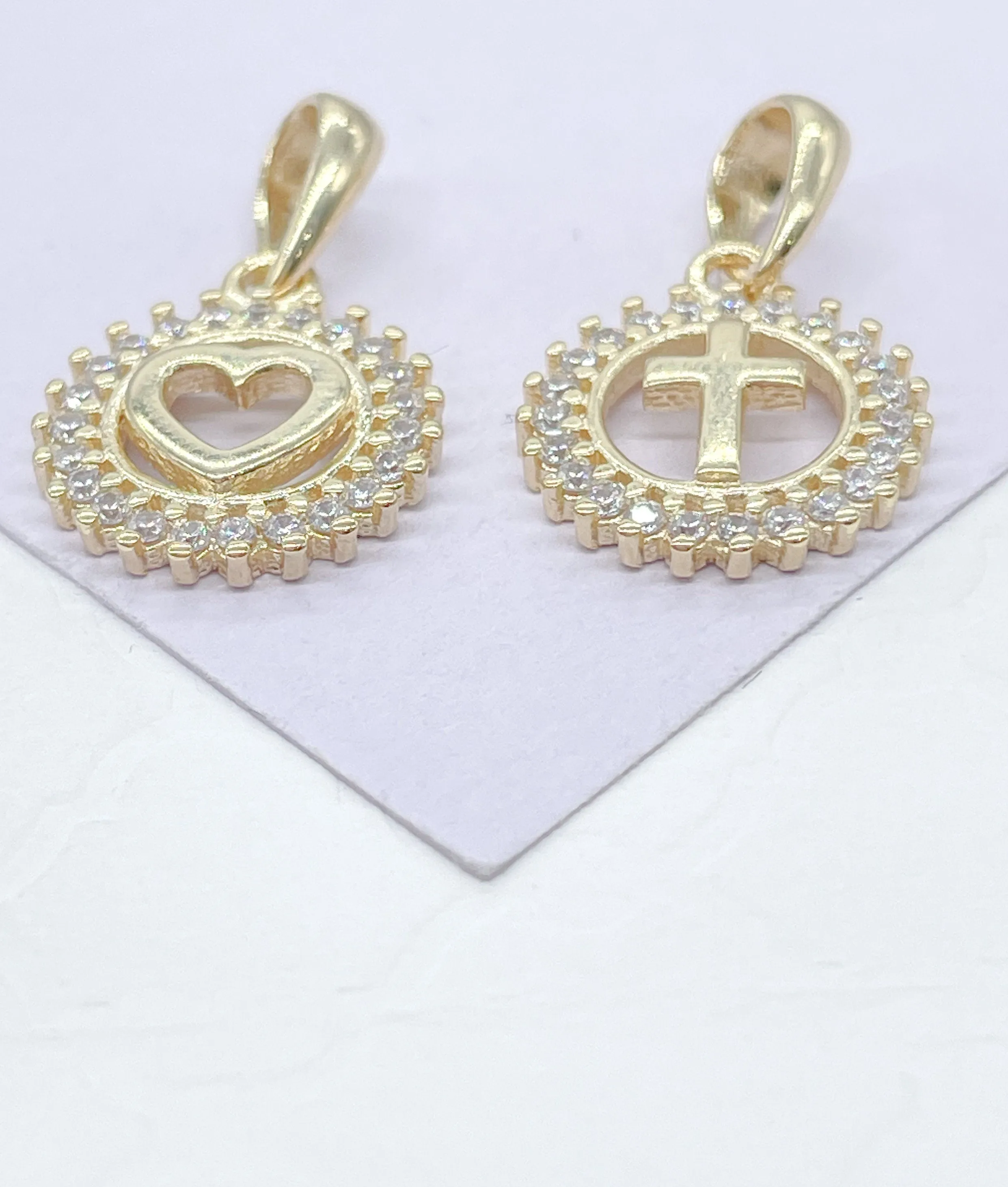 18k Gold Filled See Through Mini Dainty Pendant Cross or Heart Crowned with Beveled Round CZ Stones