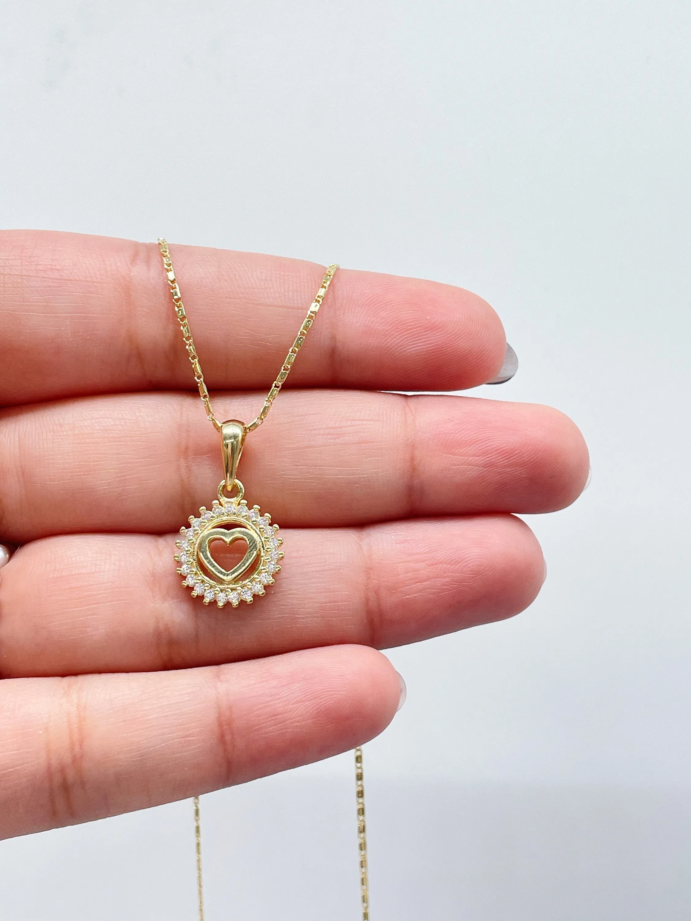 18k Gold Filled See Through Mini Dainty Pendant Cross or Heart Crowned with Beveled Round CZ Stones