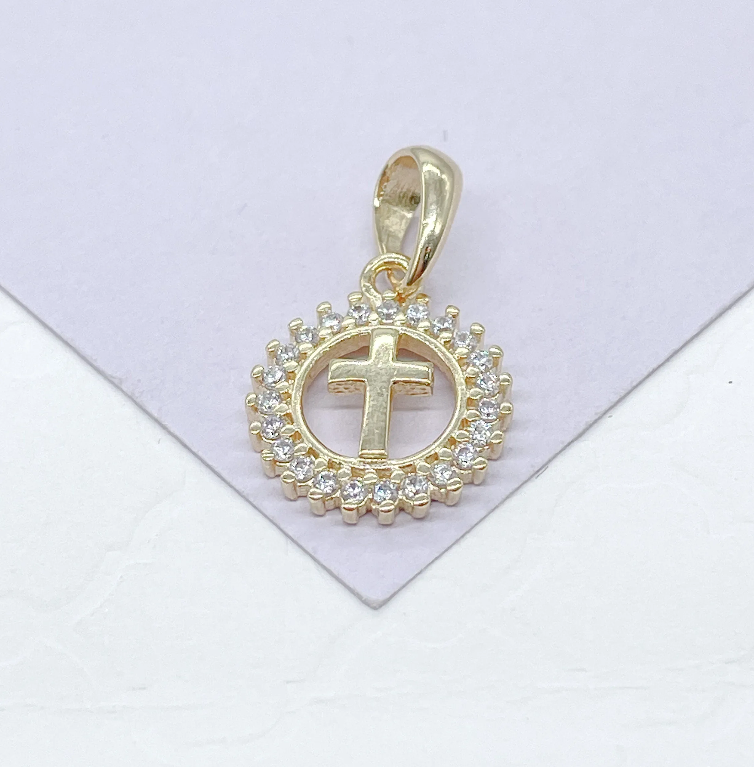 18k Gold Filled See Through Mini Dainty Pendant Cross or Heart Crowned with Beveled Round CZ Stones
