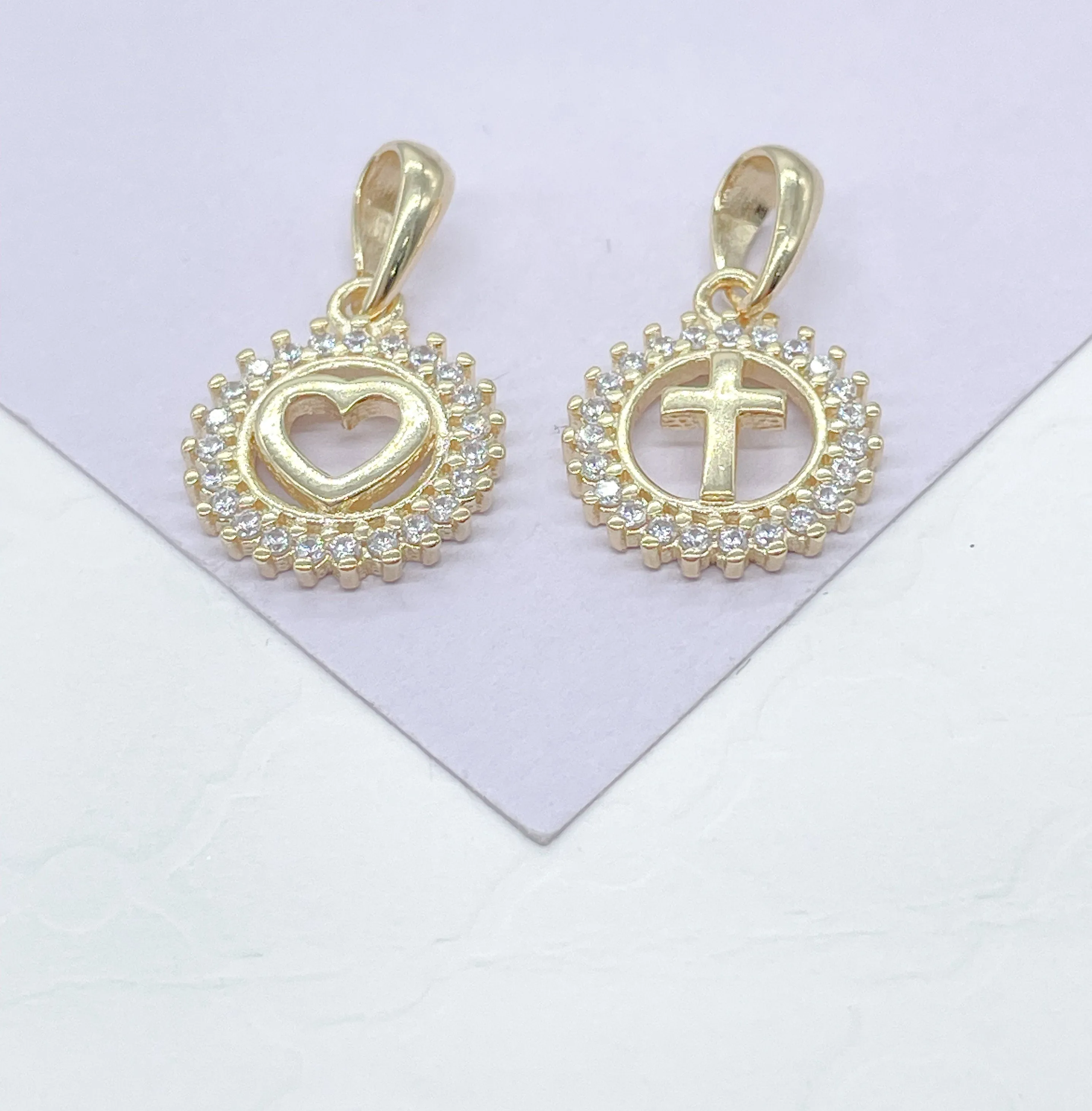 18k Gold Filled See Through Mini Dainty Pendant Cross or Heart Crowned with Beveled Round CZ Stones