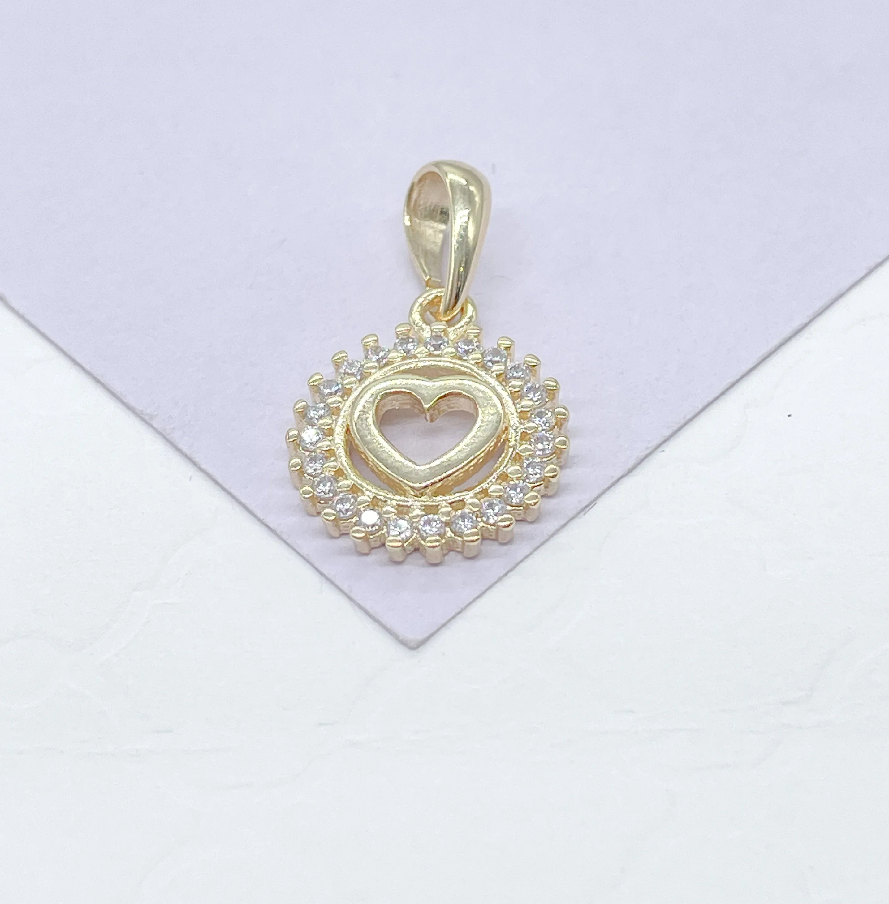 18k Gold Filled See Through Mini Dainty Pendant Cross or Heart Crowned with Beveled Round CZ Stones