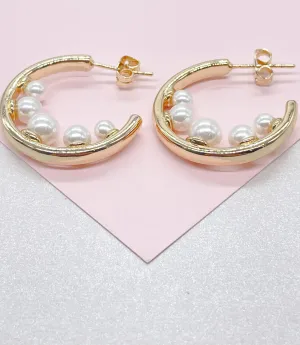18k Gold filled Smooth Hoop Earrings With Inner Pearls Attached