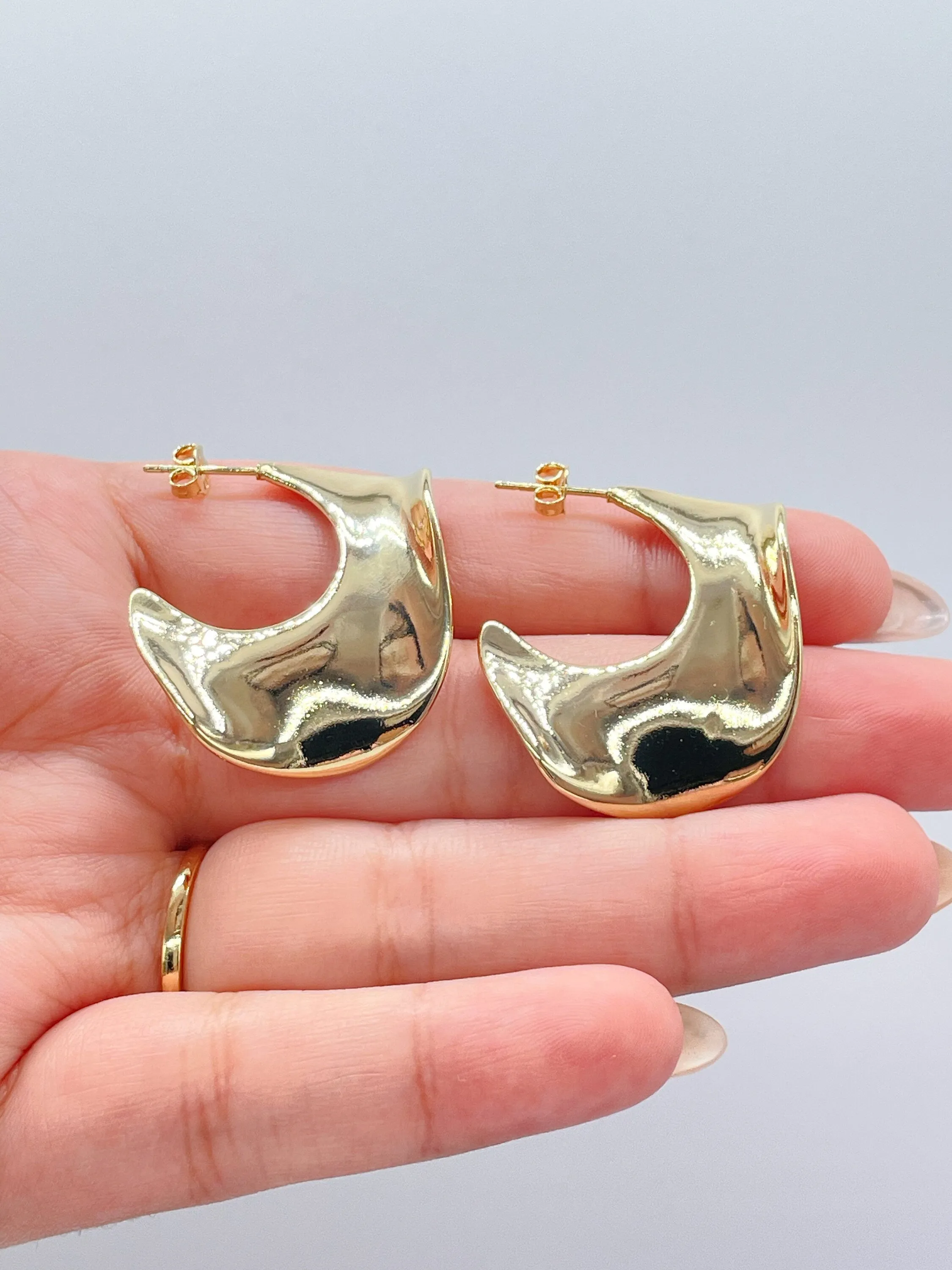 18k Gold Filled Smooth Plain Wavy Boho Style Earrings