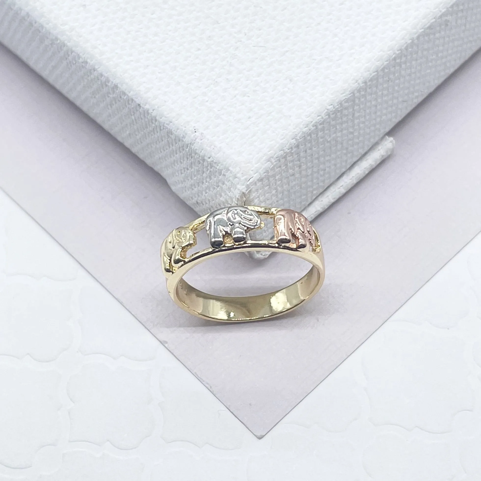 18k Gold Filled Tri-Color Elephant Rings In Gold Silver and Rose Gold Colors Hallowed Ring  Jewelry