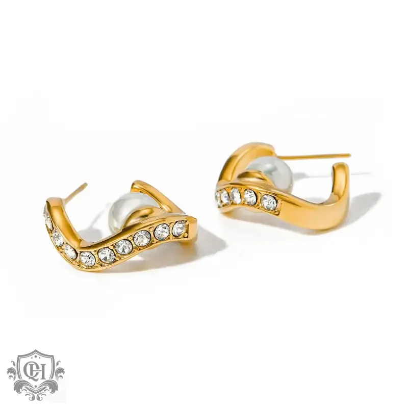 18K gold light luxury noble wave-shaped diamond with pearl design earrings