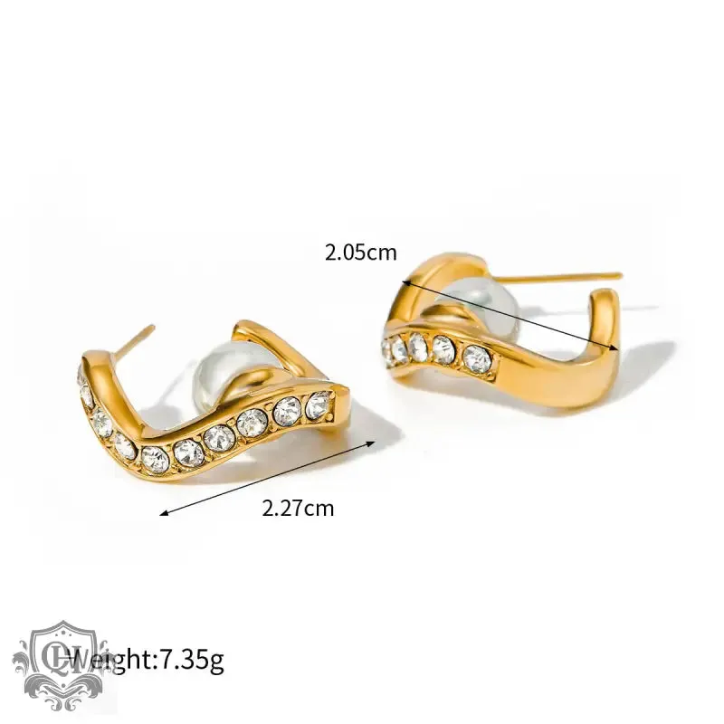 18K gold light luxury noble wave-shaped diamond with pearl design earrings
