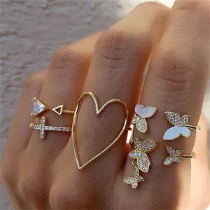 2021 Vintage Bohemian Ring Sets Heart Butterfly Gold Color Rings Crystal Geometric Knuckle Midi Rings for Women Jewelry Gifts