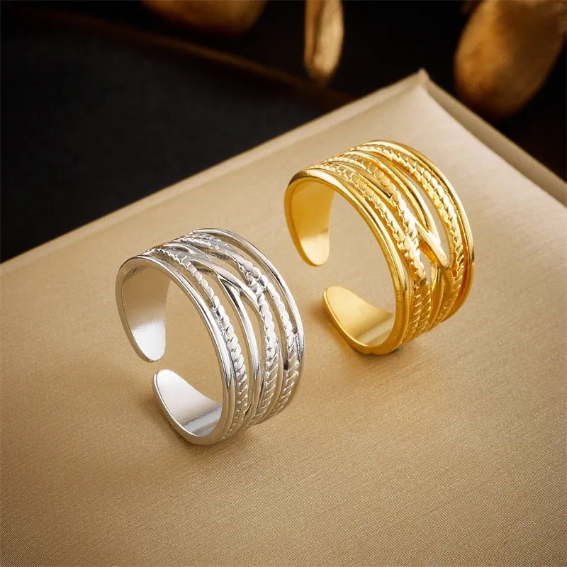 316L Stainless Steel Retro Multilayer Opening Adjustable Ring For Women