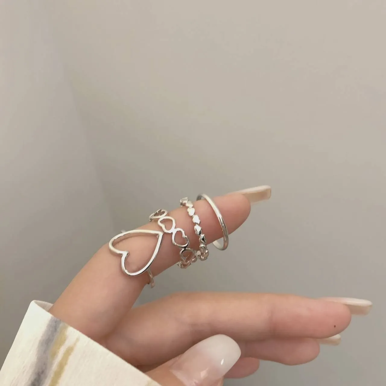 4pcs/set Gold Silver Color Geometric Hollow Heart Rings Set Korean Fashion Temperament Jewelry For Women Girls Knuckles Ring