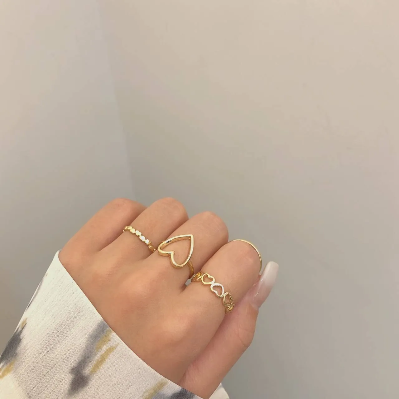 4pcs/set Gold Silver Color Geometric Hollow Heart Rings Set Korean Fashion Temperament Jewelry For Women Girls Knuckles Ring