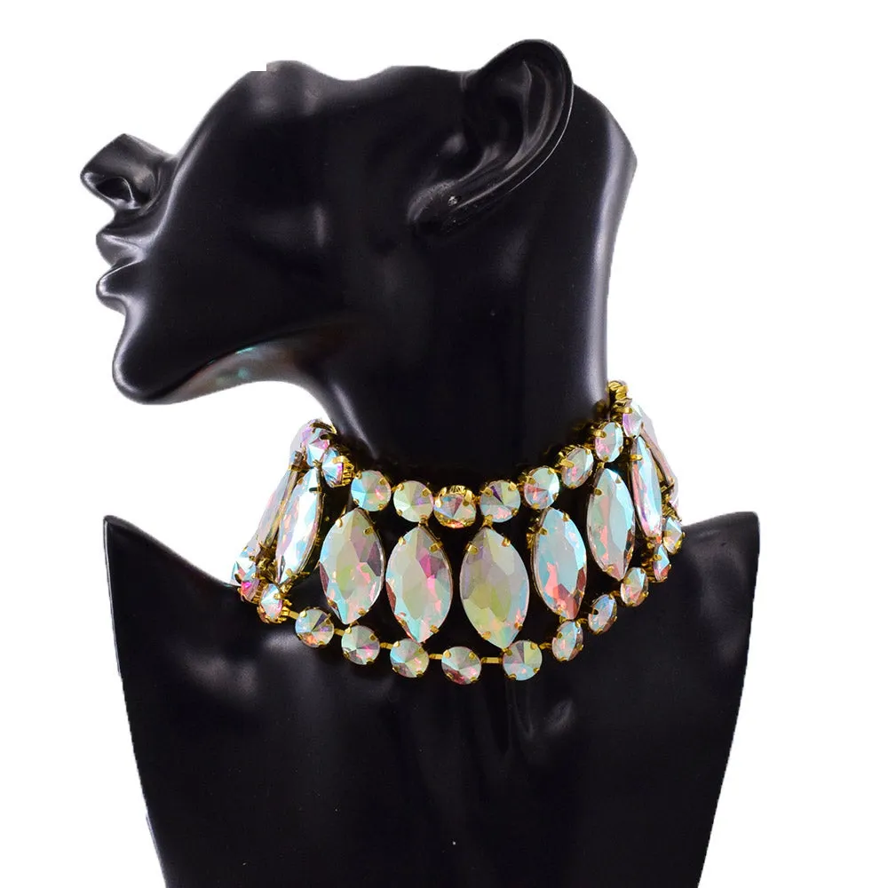 5.5cm Luxury Twinkling Glass Gemstones Choker Bangle  for Women Men Necklace Jewelry Bracelet Set