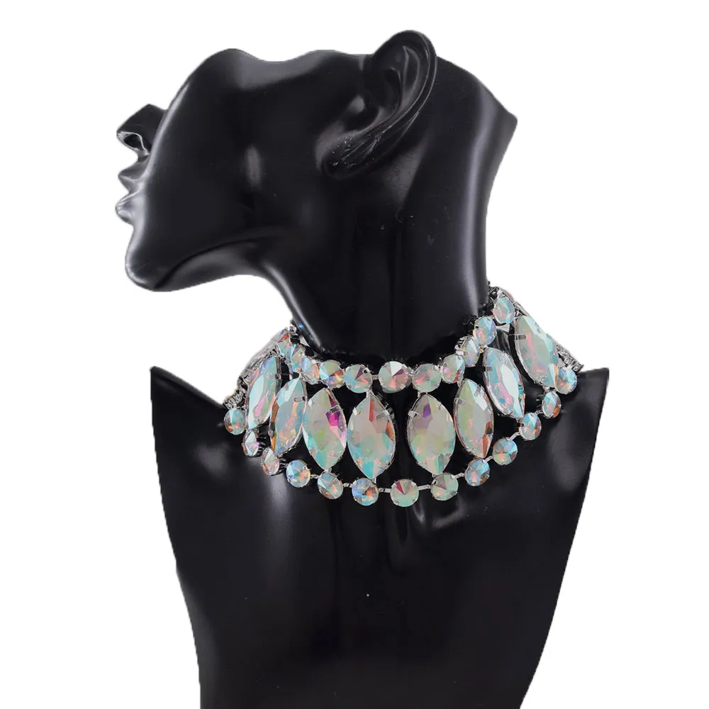 5.5cm Luxury Twinkling Glass Gemstones Choker Bangle  for Women Men Necklace Jewelry Bracelet Set