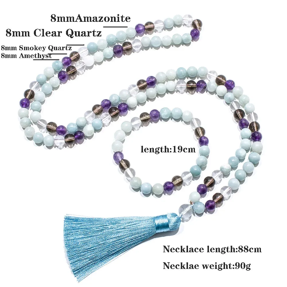8mm Amazonite Amethyst Beaded Necklace 108 Mala Prayer Jewelry Meditation Yoga Japamala Set