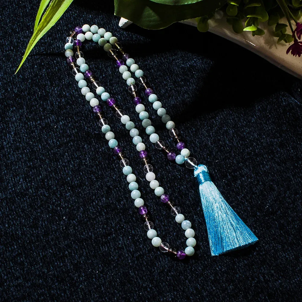 8mm Amazonite Amethyst Beaded Necklace 108 Mala Prayer Jewelry Meditation Yoga Japamala Set