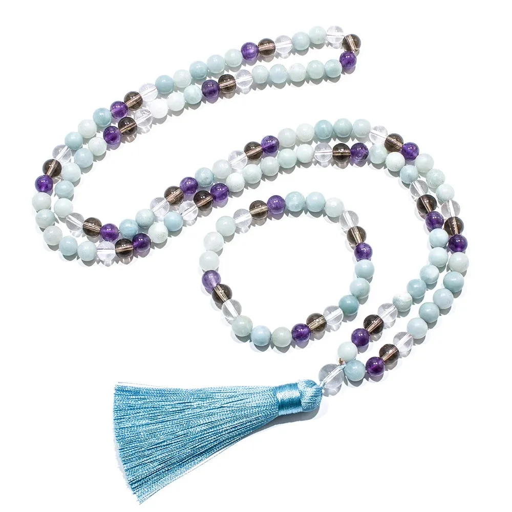 8mm Amazonite Amethyst Beaded Necklace 108 Mala Prayer Jewelry Meditation Yoga Japamala Set