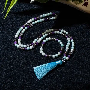 8mm Amazonite Amethyst Beaded Necklace 108 Mala Prayer Jewelry Meditation Yoga Japamala Set