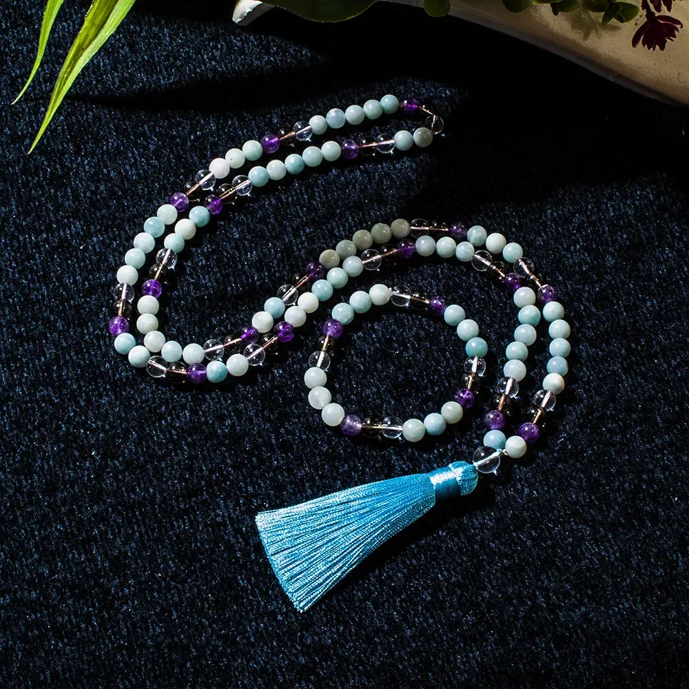 8mm Amazonite Amethyst Beaded Necklace 108 Mala Prayer Jewelry Meditation Yoga Japamala Set