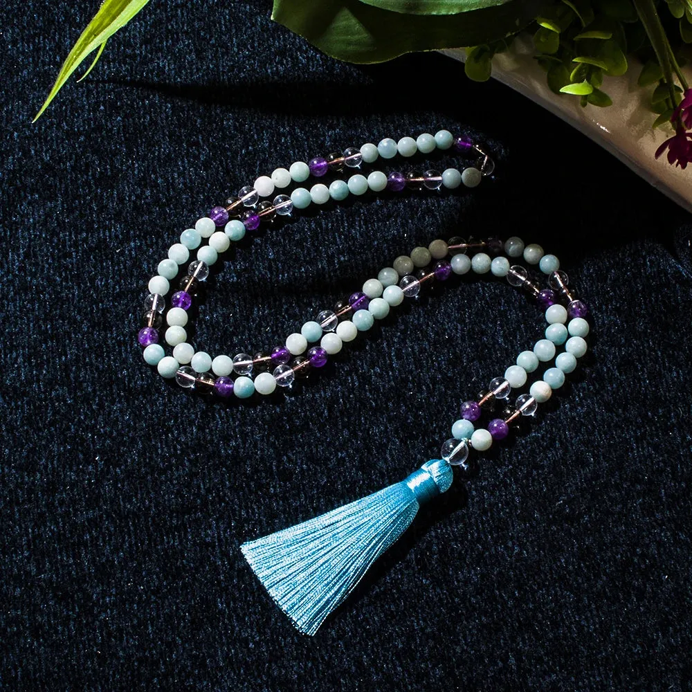 8mm Amazonite Amethyst Beaded Necklace 108 Mala Prayer Jewelry Meditation Yoga Japamala Set