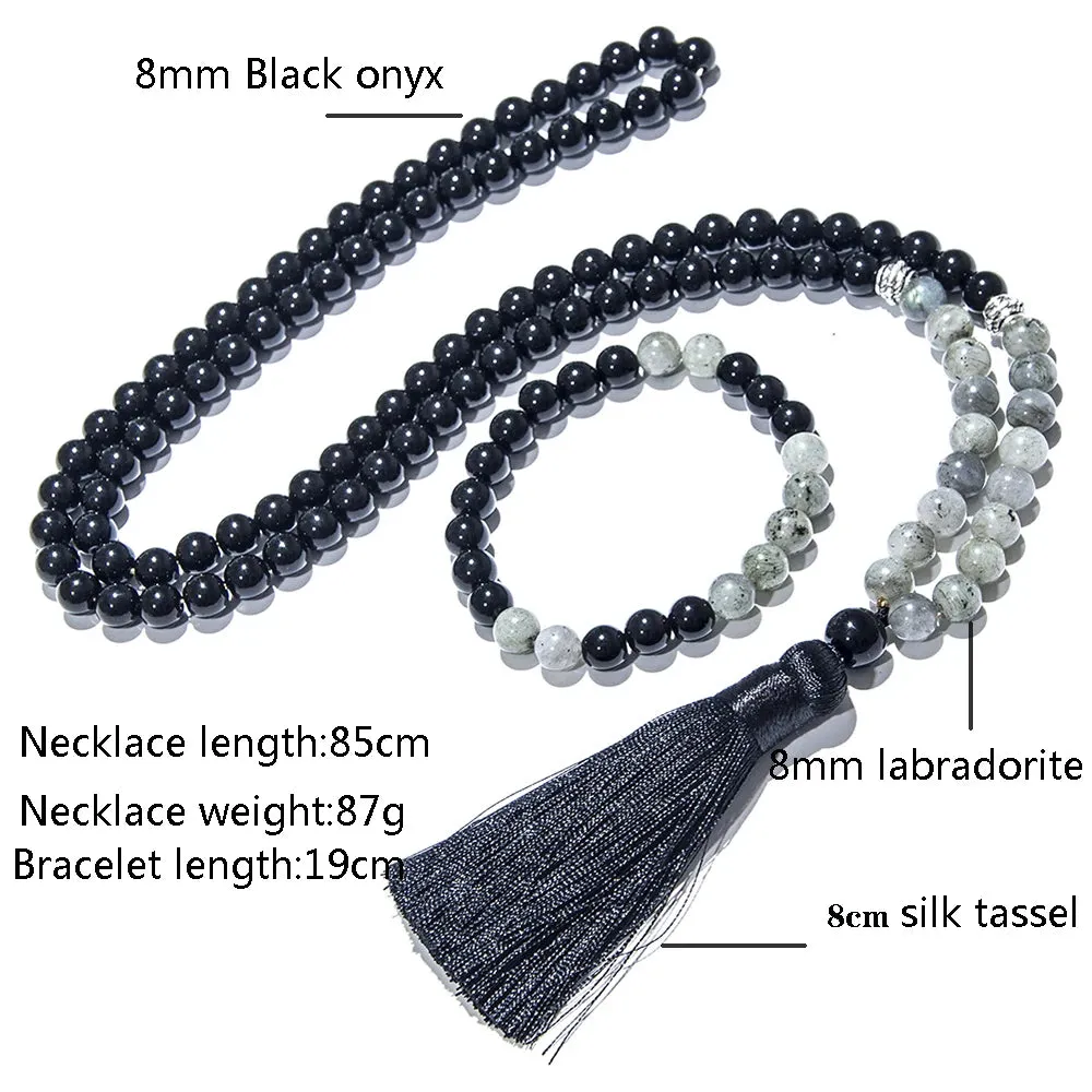 8mm Black Onyx Labradorite Beaded Necklace 108 Mala Meditation Yoga Blessing Jewelry rayer Rosary