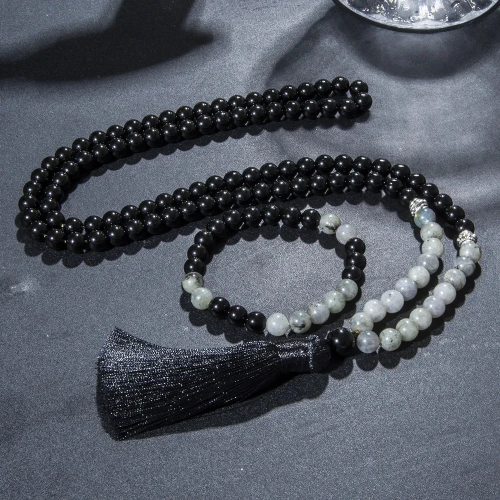 8mm Black Onyx Labradorite Beaded Necklace 108 Mala Meditation Yoga Blessing Jewelry rayer Rosary