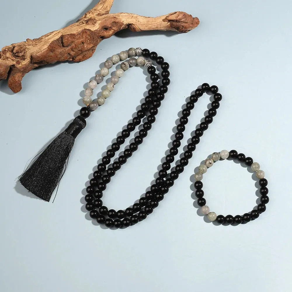 8mm Black Onyx Labradorite Beaded Necklace 108 Mala Meditation Yoga Blessing Jewelry rayer Rosary
