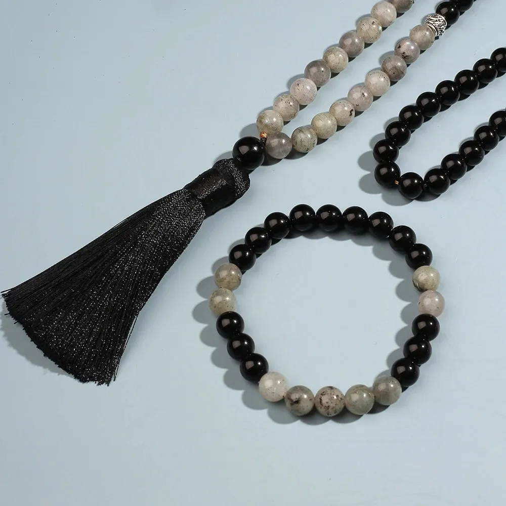 8mm Black Onyx Labradorite Beaded Necklace 108 Mala Meditation Yoga Blessing Jewelry rayer Rosary