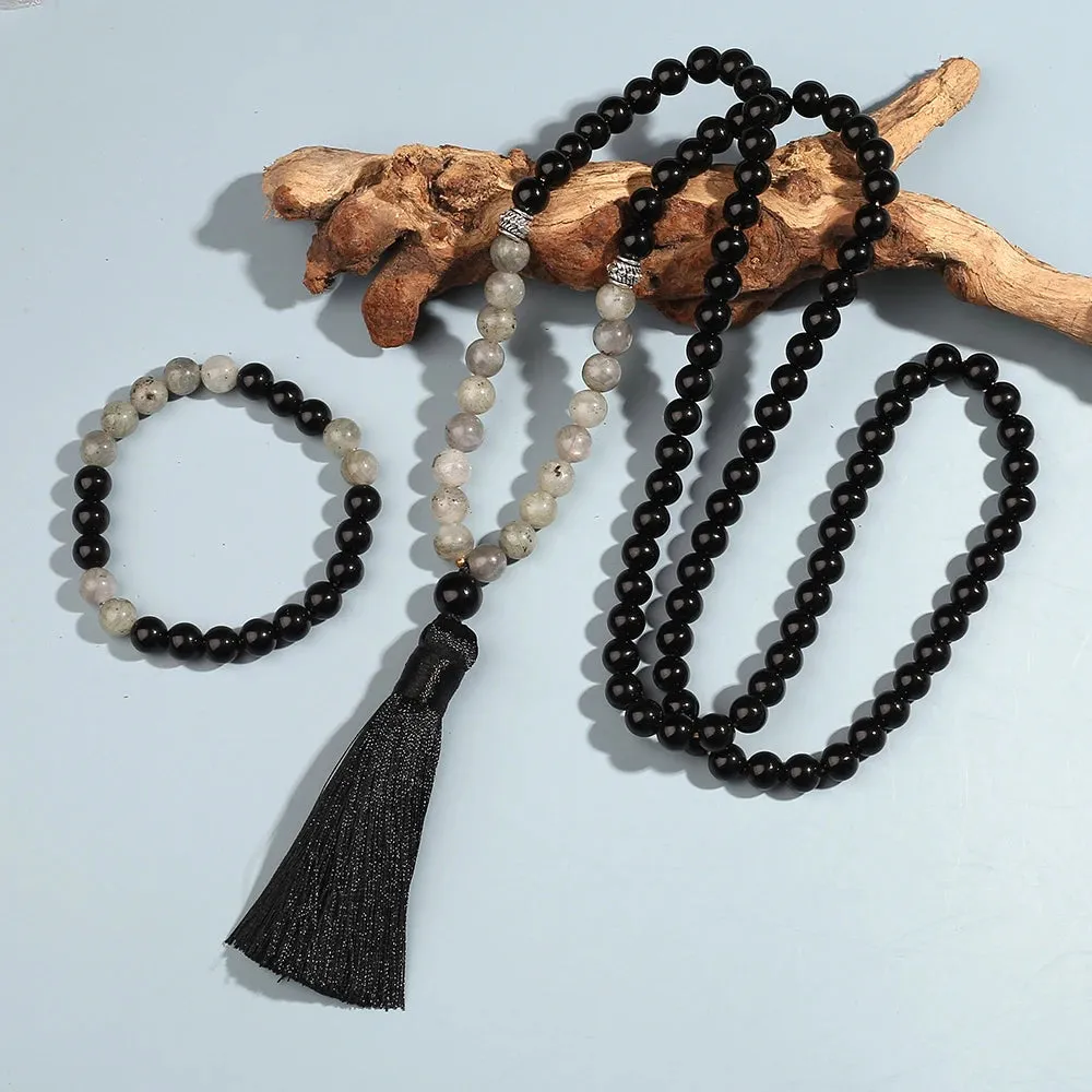 8mm Black Onyx Labradorite Beaded Necklace 108 Mala Meditation Yoga Blessing Jewelry rayer Rosary