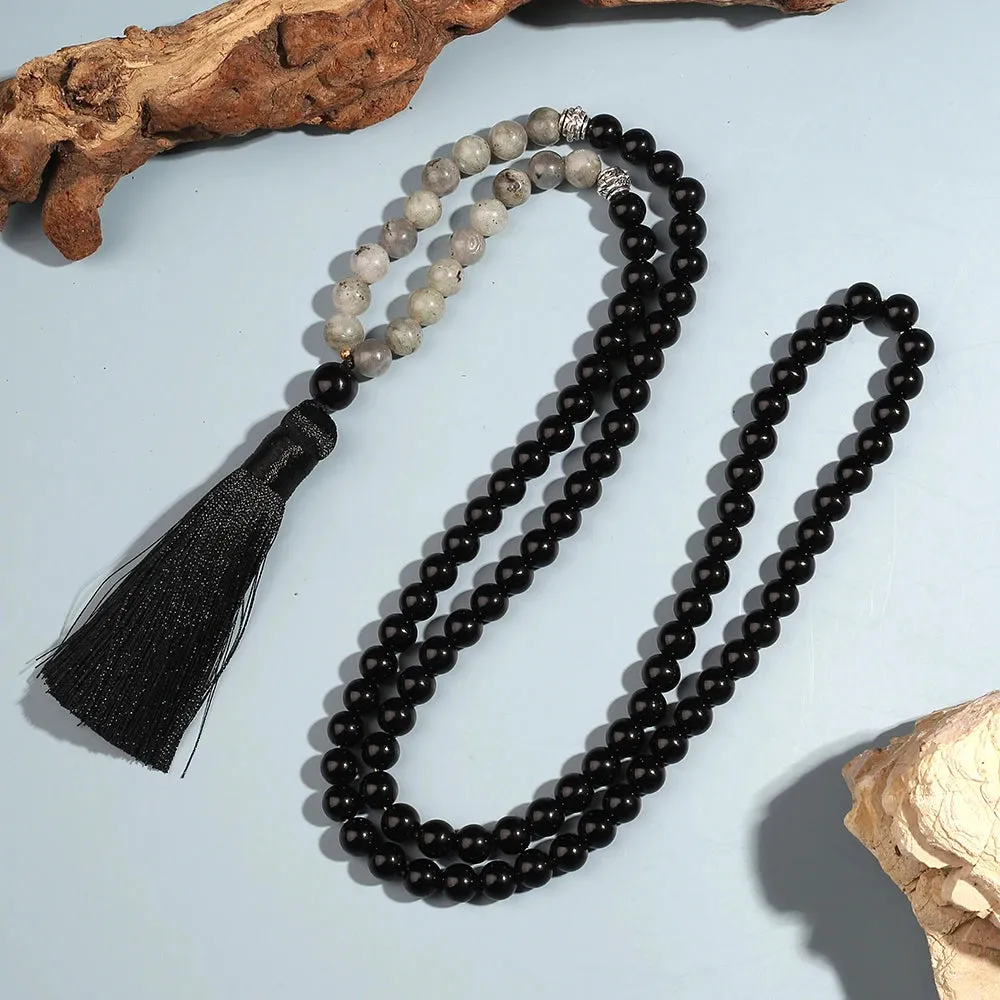 8mm Black Onyx Labradorite Beaded Necklace 108 Mala Meditation Yoga Blessing Jewelry rayer Rosary