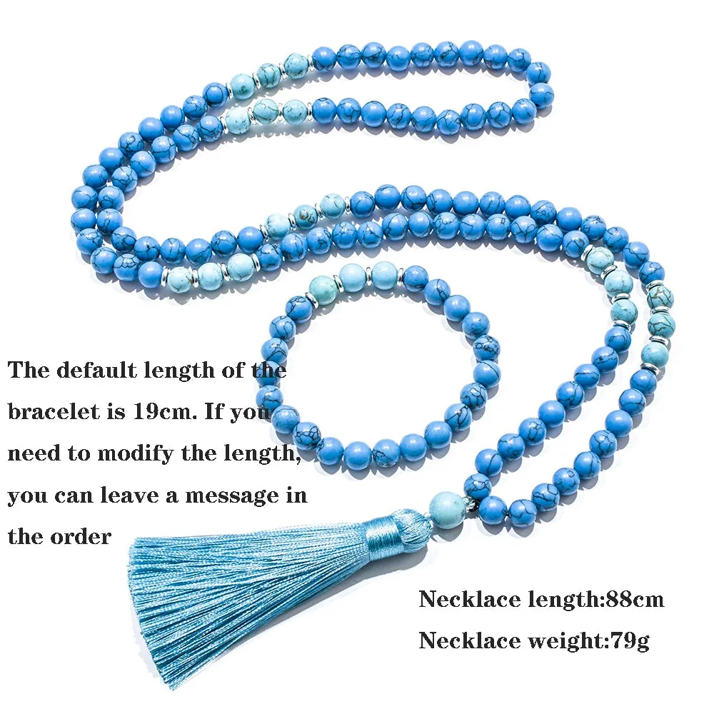 8mm Blue Turquoise Beads 108 Mala Necklace Meditation Yoga Prayer Japamala Set
