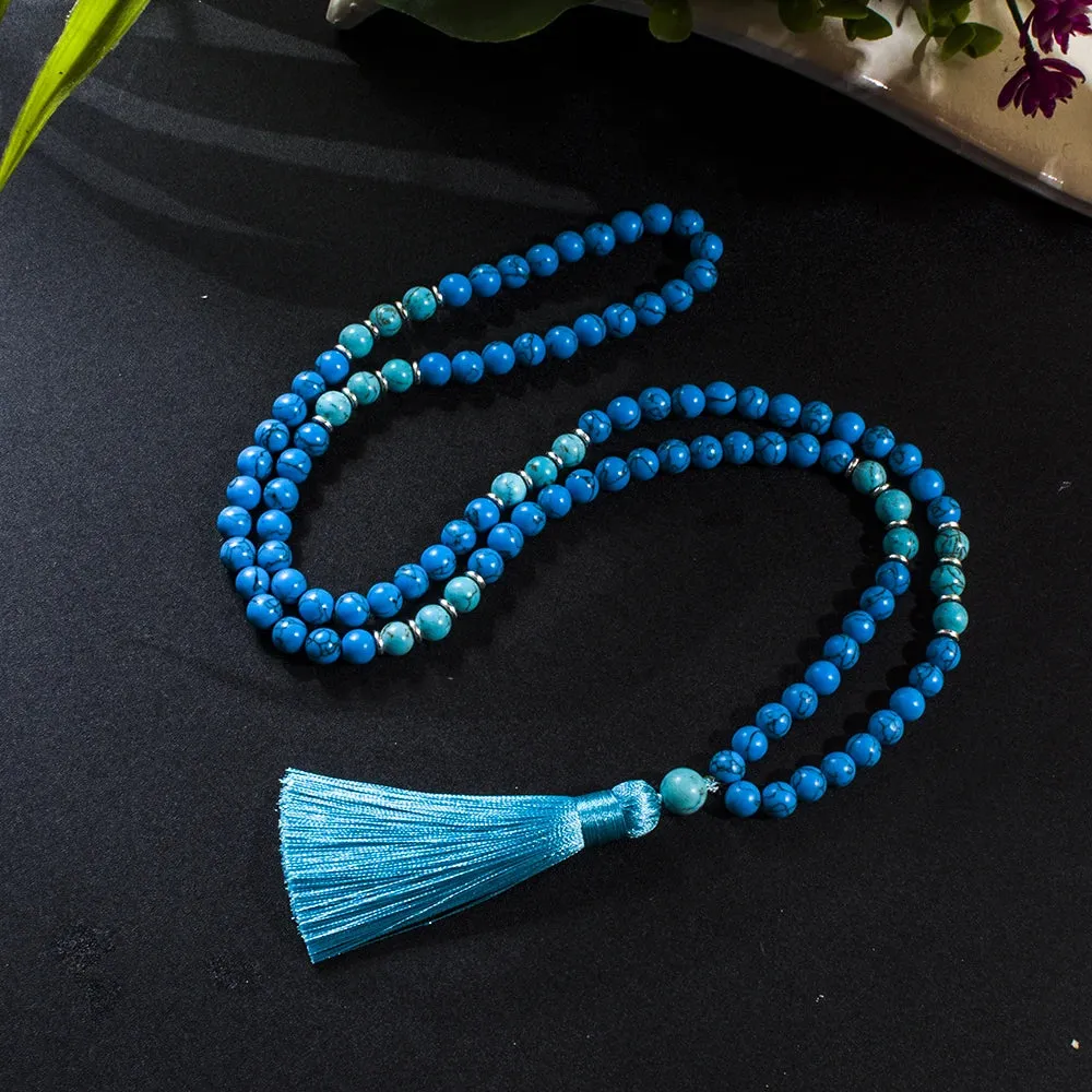 8mm Blue Turquoise Beads 108 Mala Necklace Meditation Yoga Prayer Japamala Set