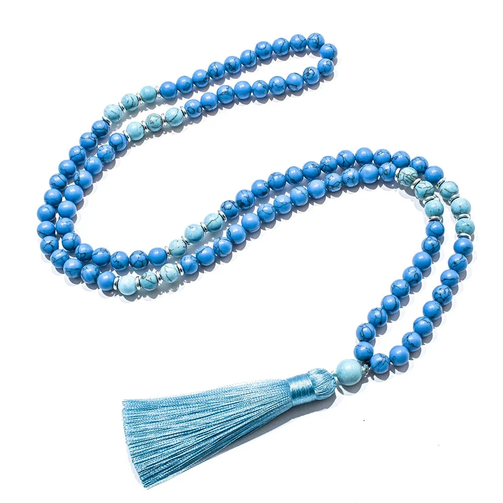 8mm Blue Turquoise Beads 108 Mala Necklace Meditation Yoga Prayer Japamala Set