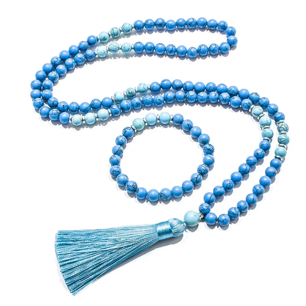 8mm Blue Turquoise Beads 108 Mala Necklace Meditation Yoga Prayer Japamala Set