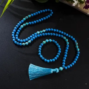 8mm Blue Turquoise Beads 108 Mala Necklace Meditation Yoga Prayer Japamala Set